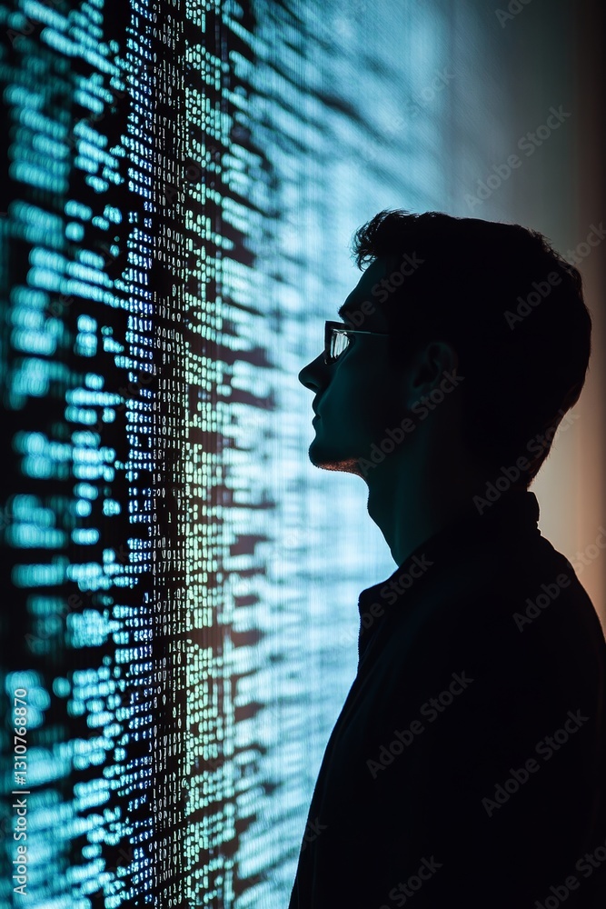 Aufkleber person analyzing digital data on display screen in dark environment