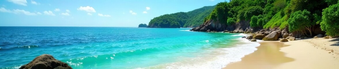Fototapeta premium Crystal clear waters and lush greenery at Marino Ballena Beach, coastline, Costa Rica, travel