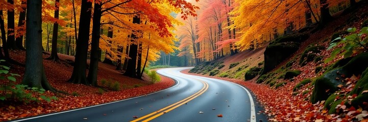 Naklejka premium Curving road surrounded by vibrant autumn leaves in forest setting, vibrant, road, leaves
