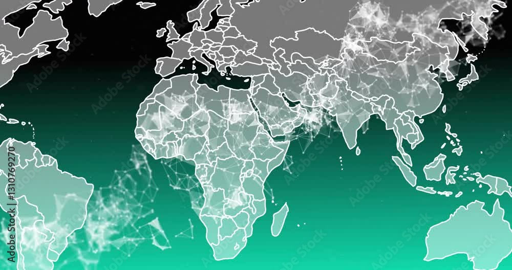 Poster continents animation with network connections on green gradient background in school