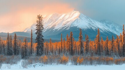 Sunset over snowy mountain, boreal forest