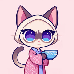 Obraz premium Cute cartoon cat wearing pink robe and holding blue cup