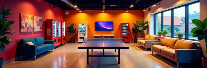 Cozy break area with ping-pong table, vending machines, couches, TV, office space, employee benefits, coffee break