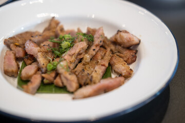 Thai slice of juicy grilled beef. Thai food style for eating with Somtum. Thai grilled beef brisket