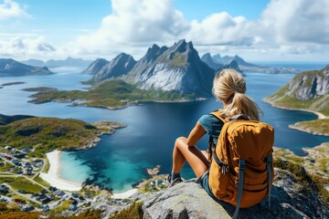 Fototapeta premium Woman hiker enjoys scenic fjord view, relaxing atop mountain. Travel blog, tourism