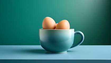 a blue countertop holds a cup brimming with three eggs green and blue walls surround it