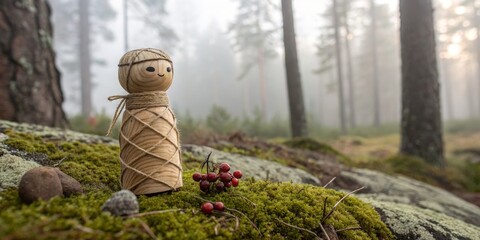 Wooden figure stands among lush moss and trees in a misty forest during early morning light