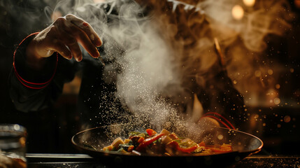 Professional chef seasoning a steaming dish in a dimly lit gourmet kitchen