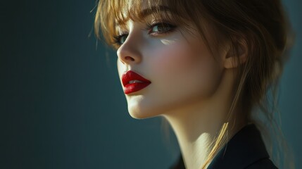 Fototapeta premium Woman red lips portrait, sunlit studio, dark background, beauty