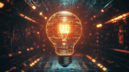 Illuminating Innovation: A Glowing Lightbulb in a Futuristic Digital Corridor