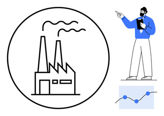 Factory building emitting smoke, manager holding clipboard and pointing, data chart with line graph. Ideal for manufacturing, business strategy, growth, analysis, industry, leadership