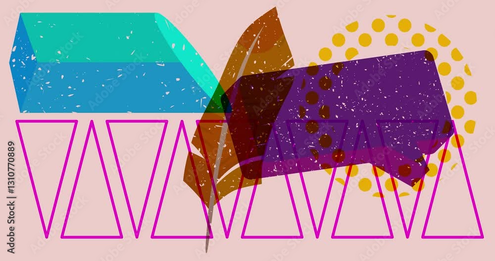 Poster risograph feather and speech bubble with geometric shapes animation. moving object in trendy riso gr