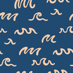 Boho Beach Wave Seamless Pattern. Summer Sea Blue Background. Vector Tropical Illustration. Wave Texture in Cutout Naive Style. Ocean Coral Pattern for Wrapping Paper, Packaging. Trendy Vacation Bg.