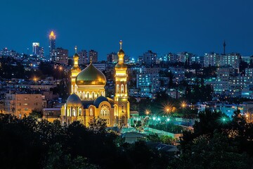 A mosque with golden domes illuminated against the night sky. The surrounding city buildings are covered in soft Ramadhan lights