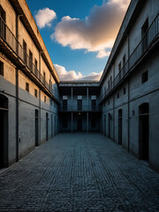 Fototapeta premium Inner courtyard of a prison with a sky with clouds and evening light