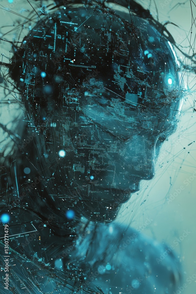 Poster futuristic digital entity with glowing circuitry and abstract design