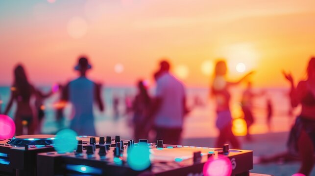 vibrant beach party at sunset features DJ setup in foreground with people dancing in background, creating lively and energetic atmosphere