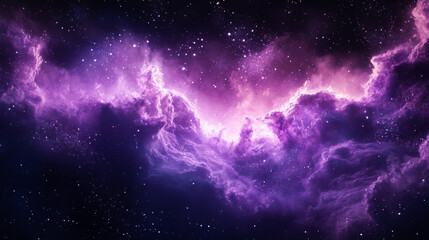 Naklejka premium Purple pink nebula cosmic cloud pattern. Ethereal starry glow sparkle. Dreamy surreal texture shine. Dark background glitter flash. Magical space design light.