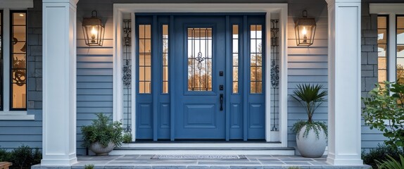 metal front door in blue modern home house frontage portrait