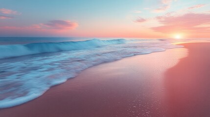 Fototapeta premium Waves crashing on pink sandy beach at sunset with colorful sky