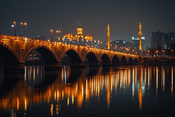 Naklejka premium A peaceful bridge in the city, illuminated with golden lights. The reflection of the mosque towers on the river below adds to the serene Ramadhan night