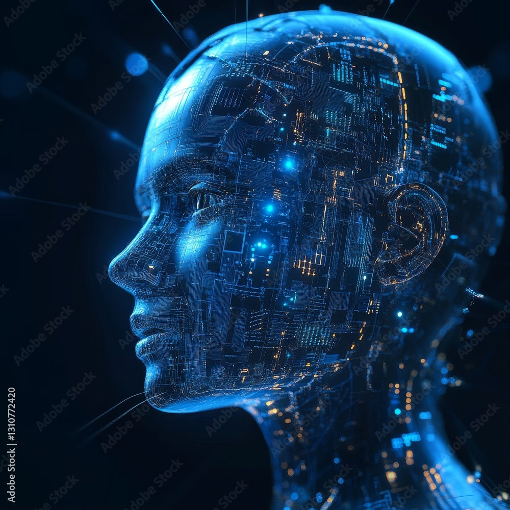 Aufkleber futuristic digital face with technology and data visualization elements