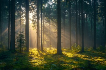 Fototapeta premium Sunbeams pierce misty forest at dawn.