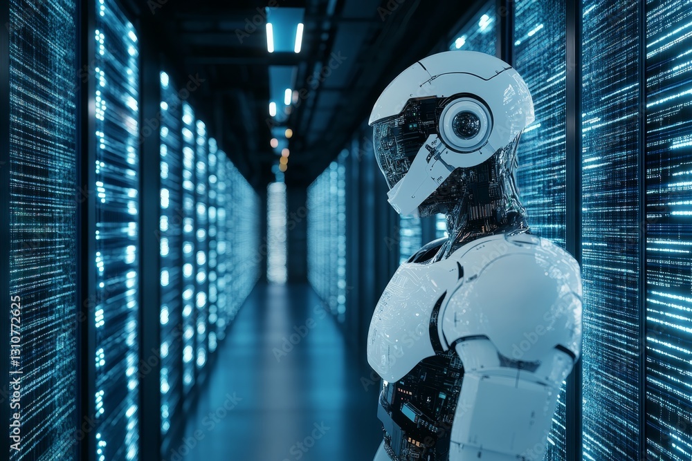 Poster futuristic robot standing in high-tech data center corridor