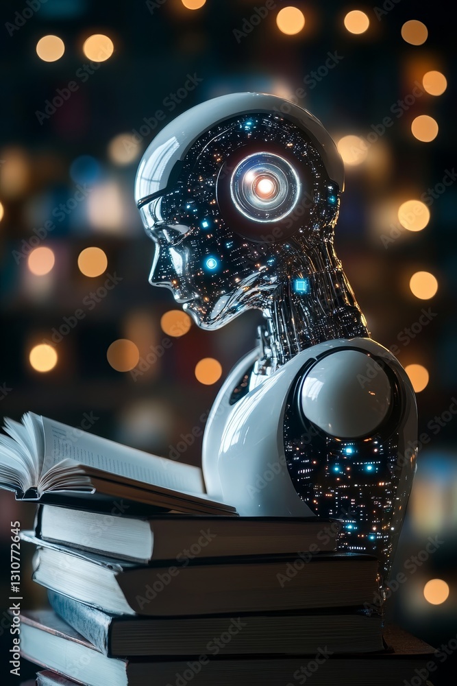 Poster robot reading book in library with blurred lights background