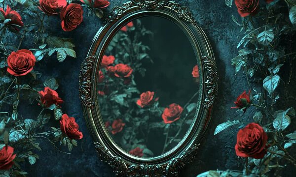 Vintage Mirror Surrounded by Red Roses on Dark Botanical Background with ai generated.