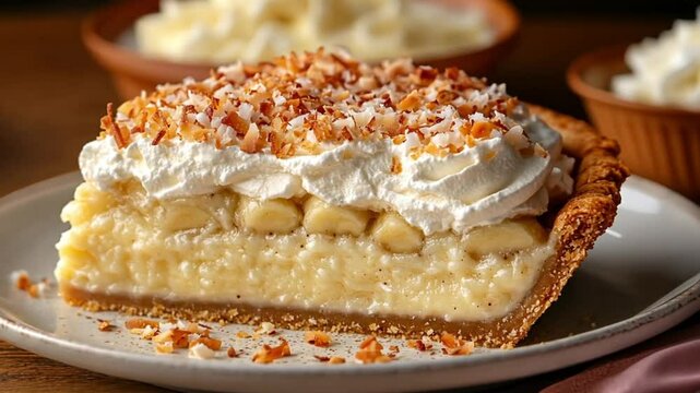 Slice of creamy banana cream pie with coconut topping on a plate