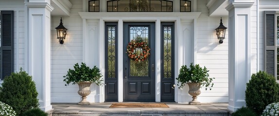 metal front door in white mansion home house frontage portrait