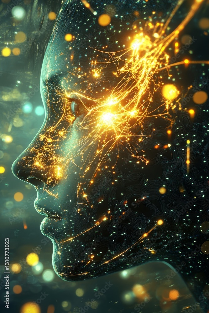 Poster digital profile of a human face with sparkling lights and patterns