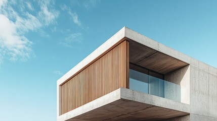Fototapeta premium Modern concrete house balcony, blue sky. Architecture design