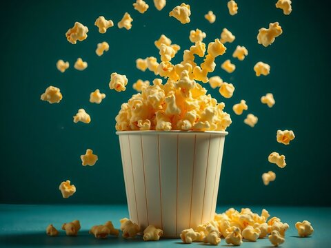 Generative A.I. captures a dynamic popcorn explosion in a classic red-and-white striped bucket, evoking cinematic joy, snacking fun, and the irresistible aroma of freshly popped kernels.
