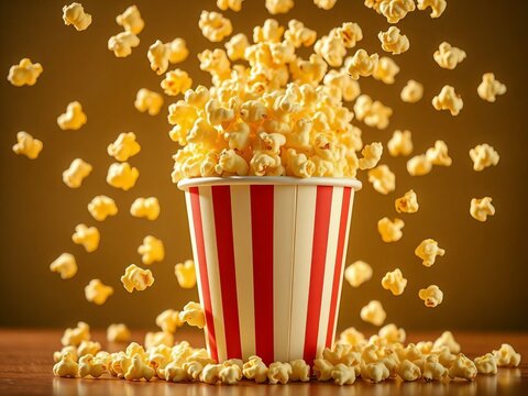 Generative A.I. captures a dynamic popcorn explosion in a classic red-and-white striped bucket, evoking cinematic joy, snacking fun, and the irresistible aroma of freshly popped kernels.