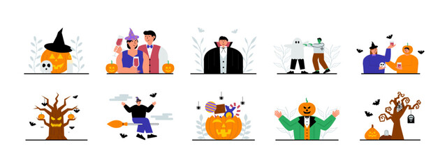 Fototapeta premium Halloween set illustration. Flat vector illustration concept.