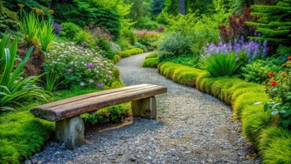 Obraz premium Serene Garden Path with Rustic Stone Bench Inviting Contemplation and Peaceful Relaxation