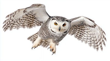 Obraz premium Snowy Owl in Flight Detailed Closeup of a Majestic Bird with Spread Wings Against White Background
