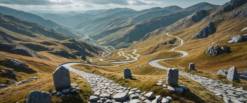Mountainous landscape with winding stone roads and stone markers