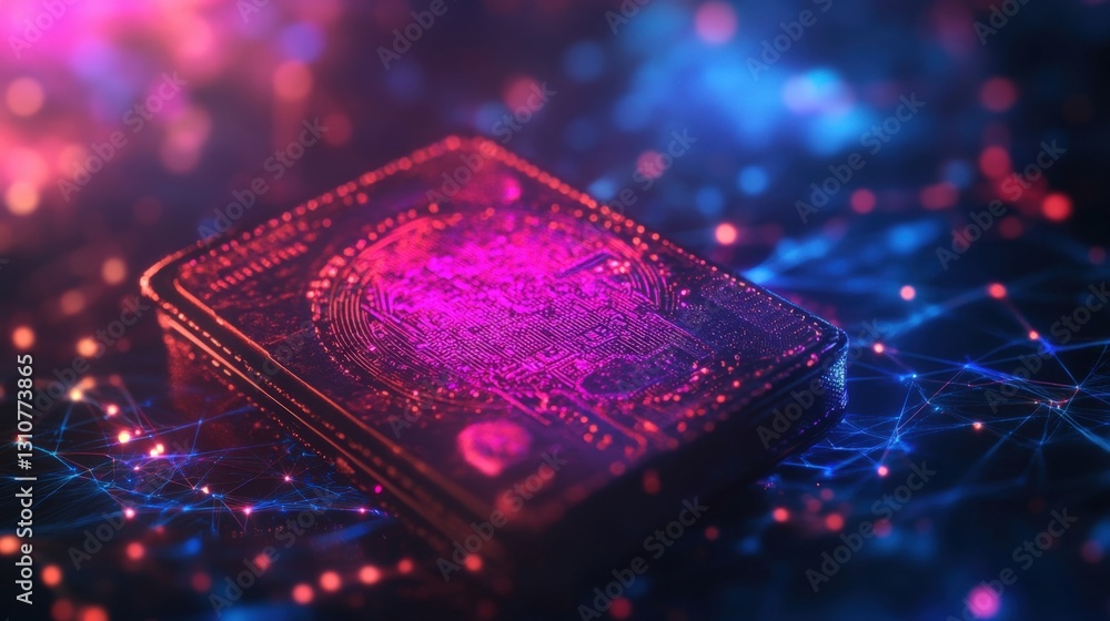 Poster quantum computing technology processing data on a futuristic motherboard microchip, symbolizing adva