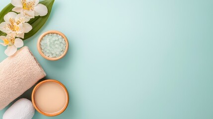 Obraz premium Spa Essentials On Light Teal Background