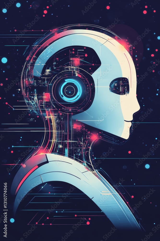 Aufkleber Futuristic Robot Head with Data Visualization and Neon Lights