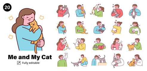 Cute illustration set of people bonding with their cats, showing love, affection, and companionship in various daily life moments.