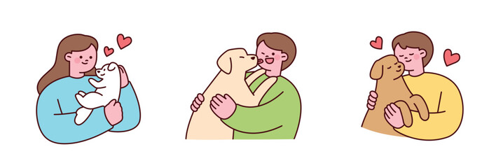 Cute illustration of people hugging their pet dogs with love and happiness. Simple, modern, and warm design.