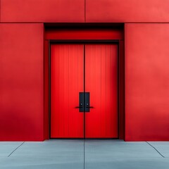 Vibrant red double doors framed by a matching red wall, creating a bold architectural statement.