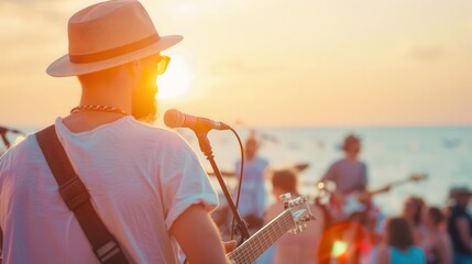 musician wearing hat and sunglasses performs with guitar at lively beach concert during sunset, creating vibrant and energetic atmosphere