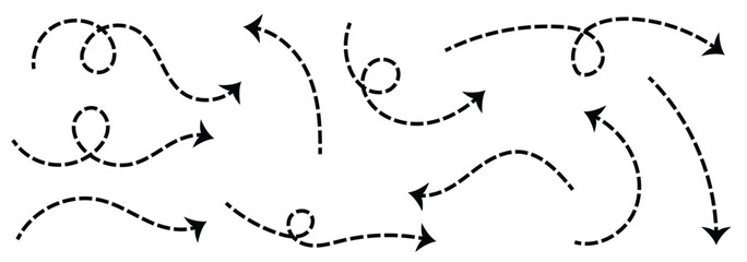 Black arrows set. Curved arrows. Hand drawn vector arrows doodle set on white background. Set of simple lines hand drawn black arrows. 