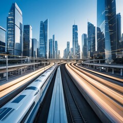 Fototapeta premium High-Speed Train Through Modern Cityscape at Dawn