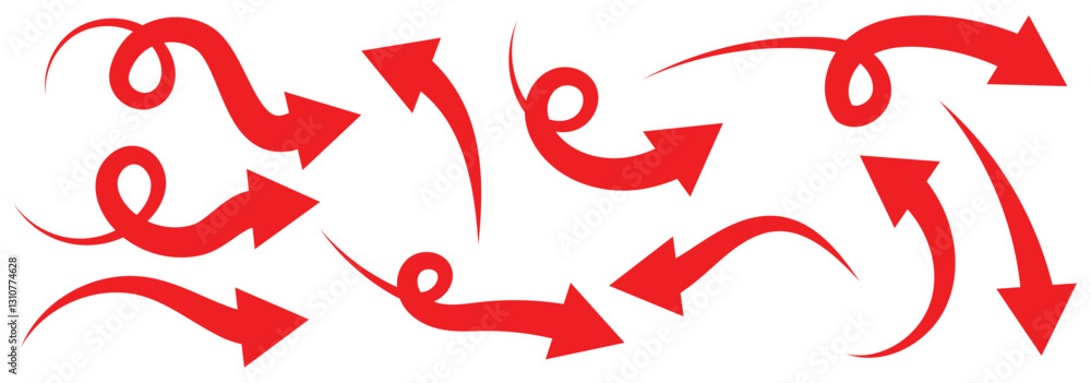 Poster a collection curved arrow icons designs. curved arrows. arrow sign. curly red arrow icons set. vecto